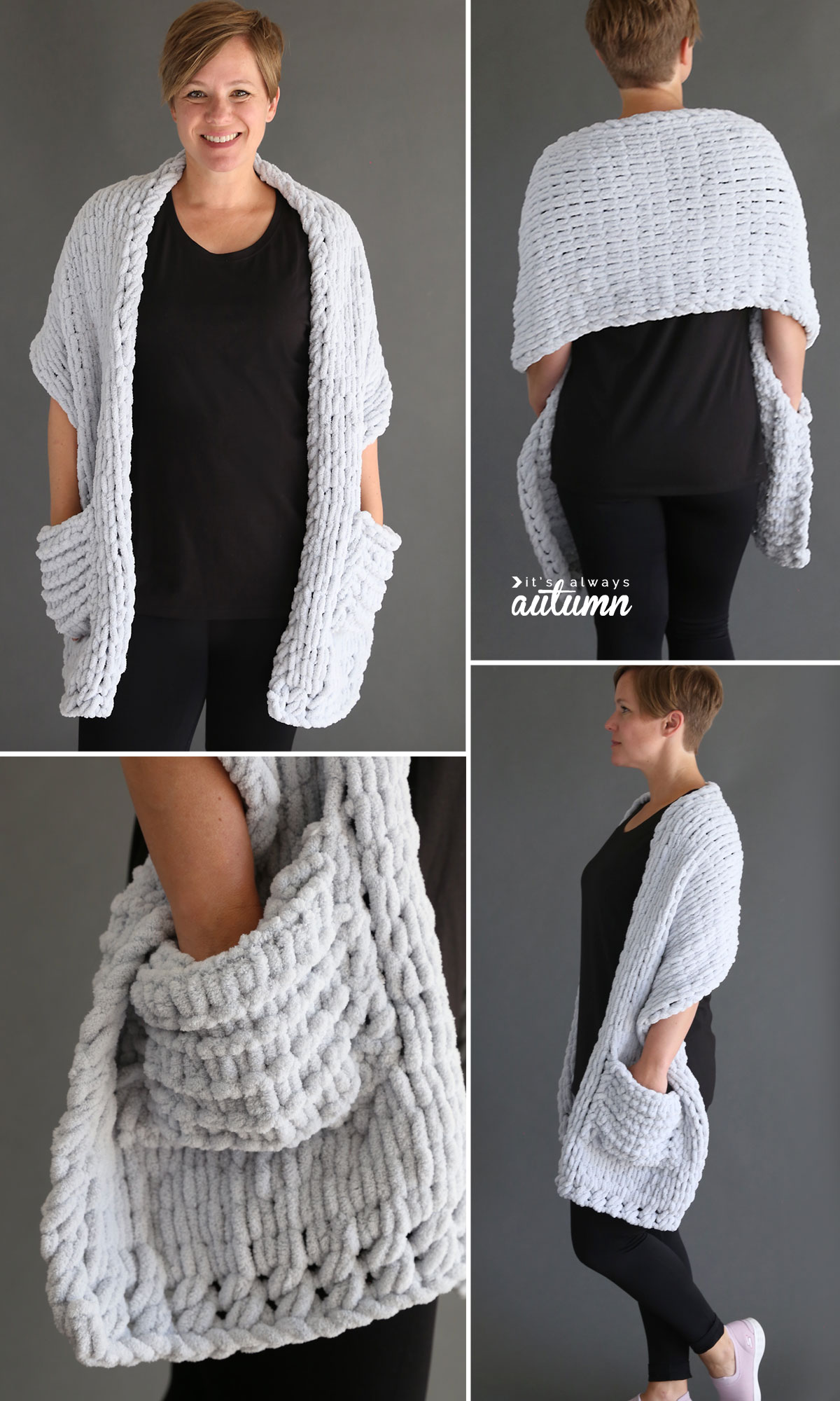 A collage photo of a woman wearing a cozy pocket wrap; a light grey shawl with pockets made from loop yarn