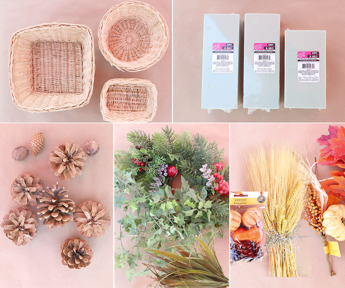 Supplies: 3 baskets, floral foam, pinecones, greenery, fall accents