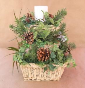 DIY stacked basket centerpiece ready for fall accents