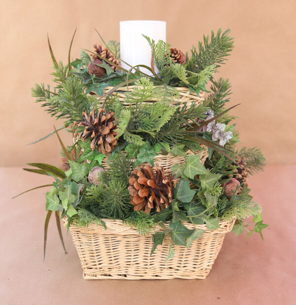 DIY stacked basket centerpiece ready for fall accents