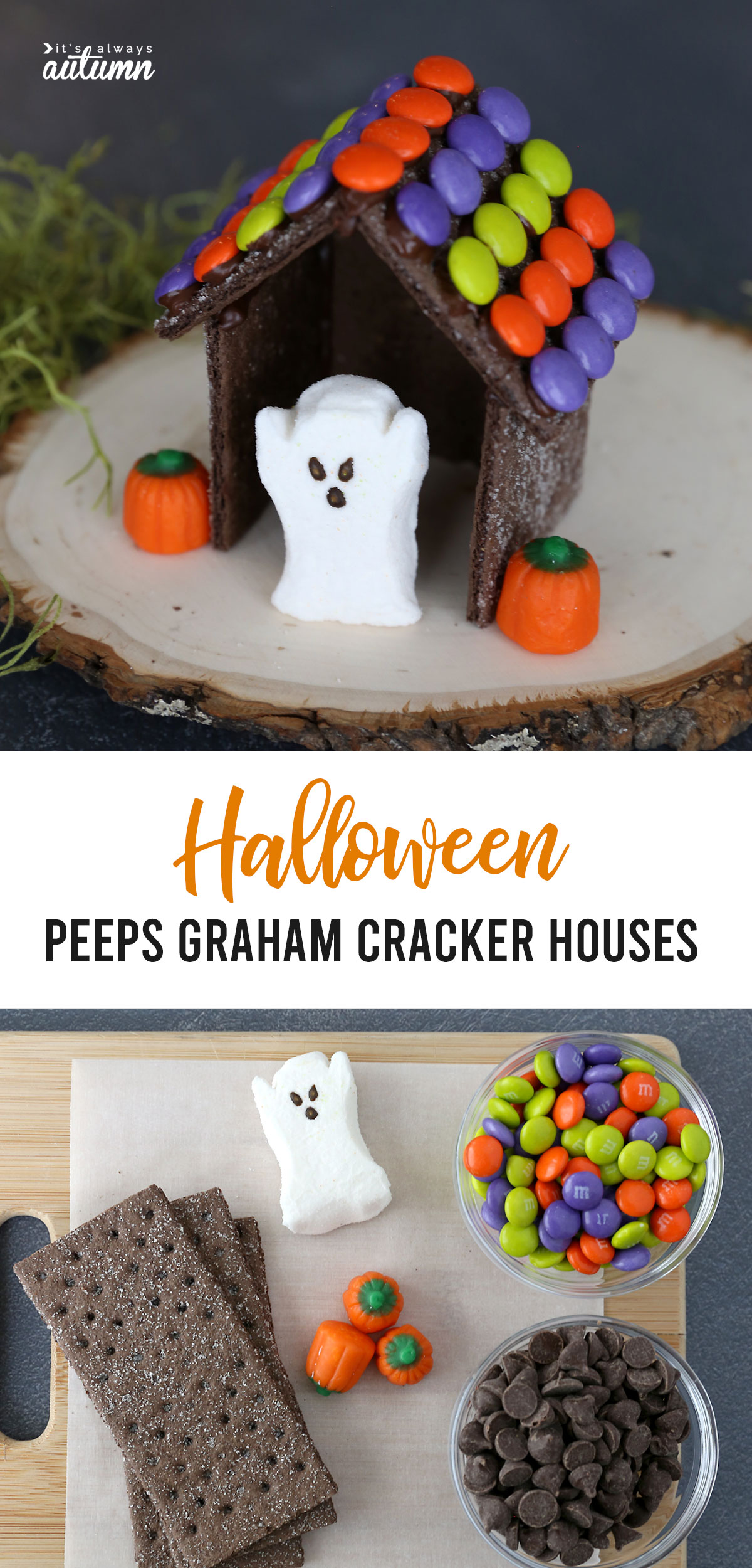 This is the absolute easiest way to make Halloween gingerbread houses - use chocolate graham crackers!