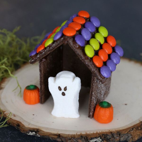 Halloween "gingerbread house" made with chocolate graham crackers