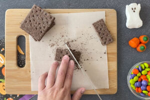 Cut one graham cracker corner into a triangle roof support