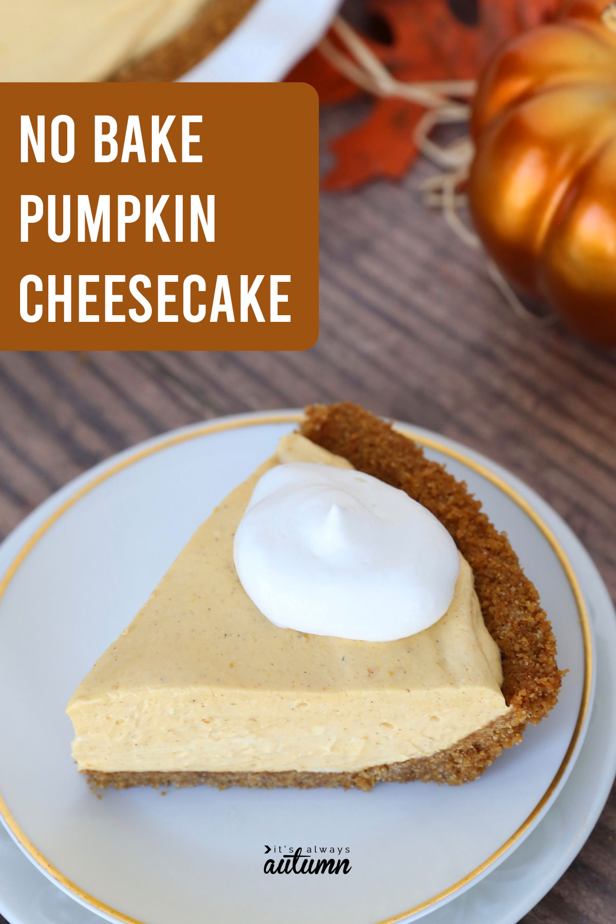 Easy and delicious no bake pumpkin cheesecake with whipped cream on top