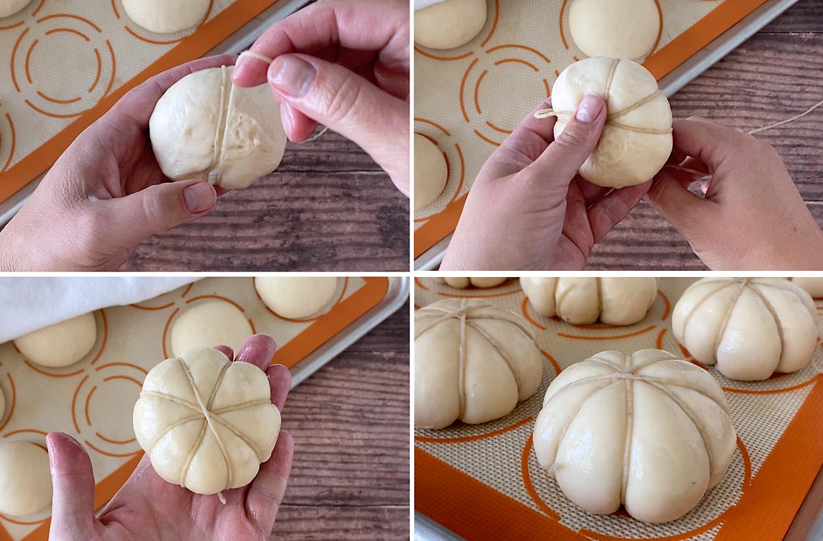 Wrapping string around balls of bread dough to make pumpkin shaped rolls