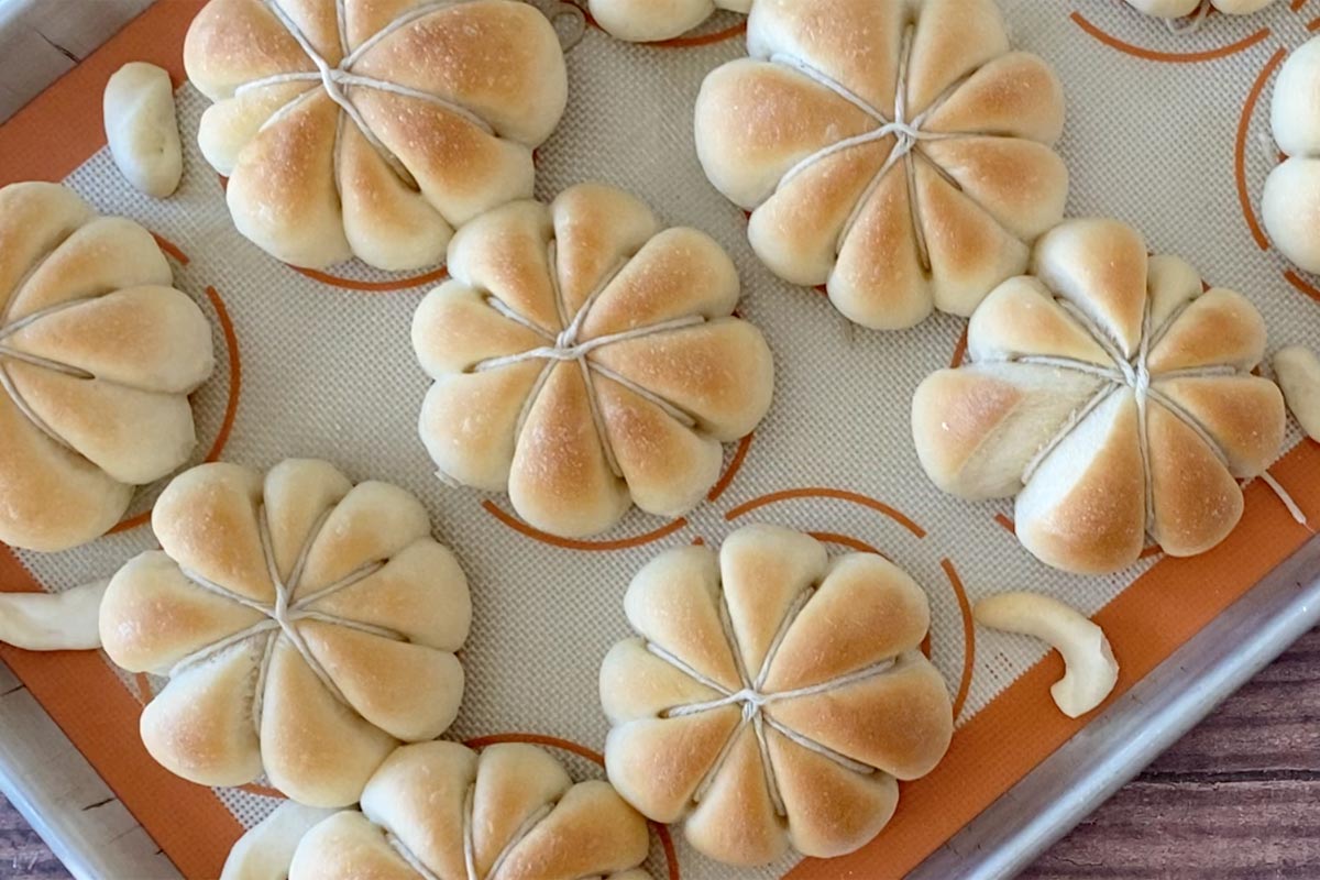 Baked dinner rolls in the shape of a pumpkin