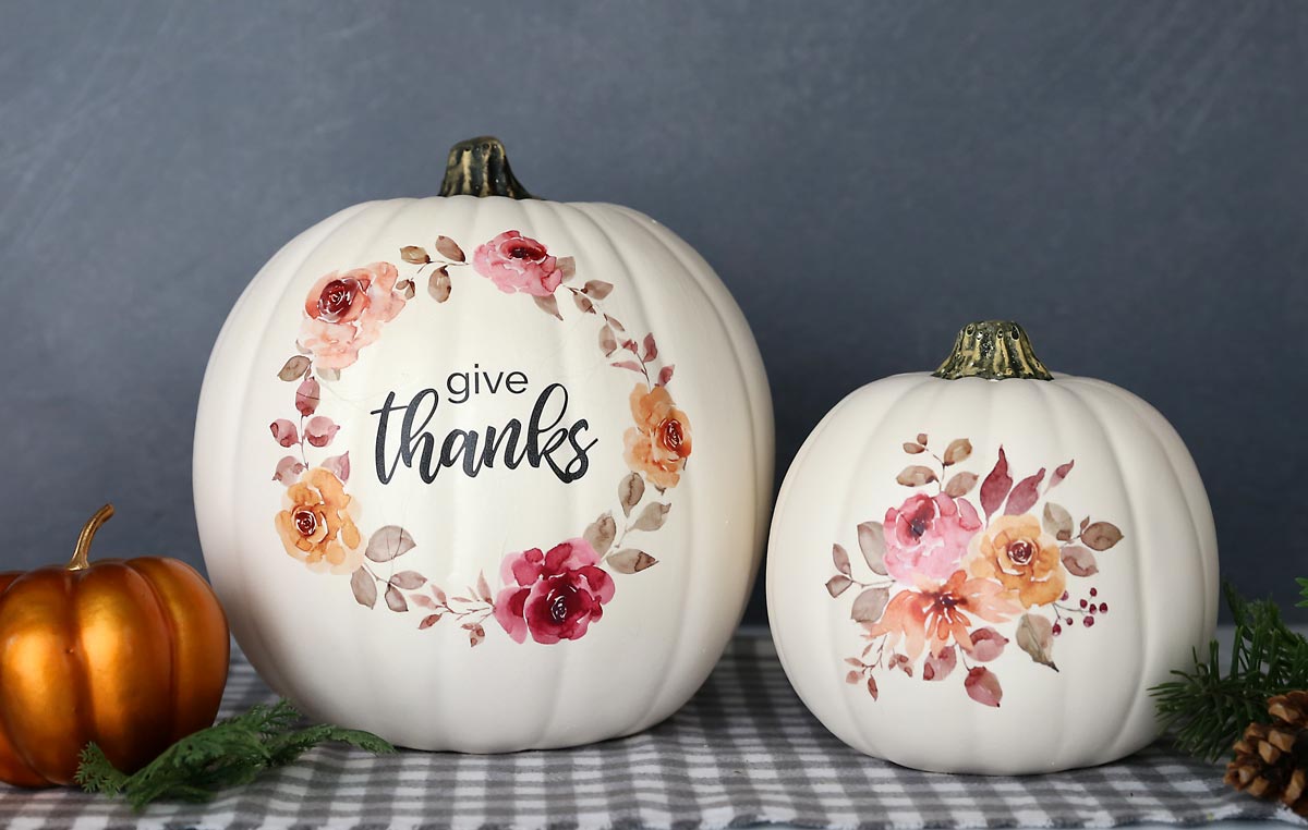 DIY Floral Pumpkins made using printable tattoo paper