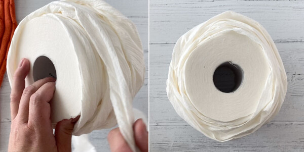 Toilet paper, rolled back up to create a rounded shape