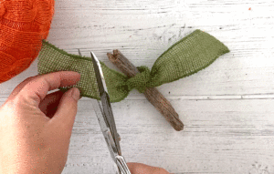 Scissors cutting green ribbon that's been tied around a short stick