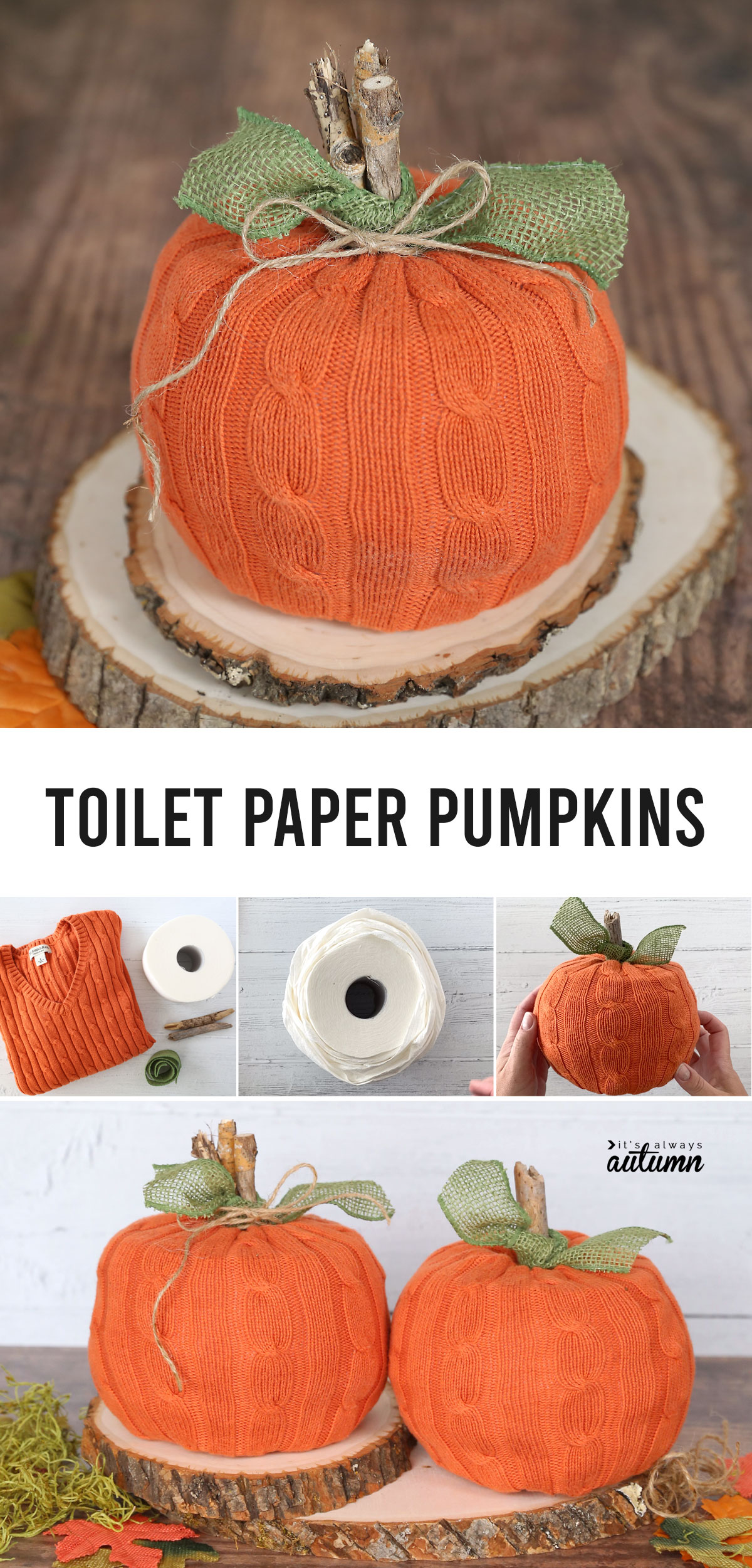 Use a thrifted sweater to turn a couple rolls of toilet paper into adorable pumpkins