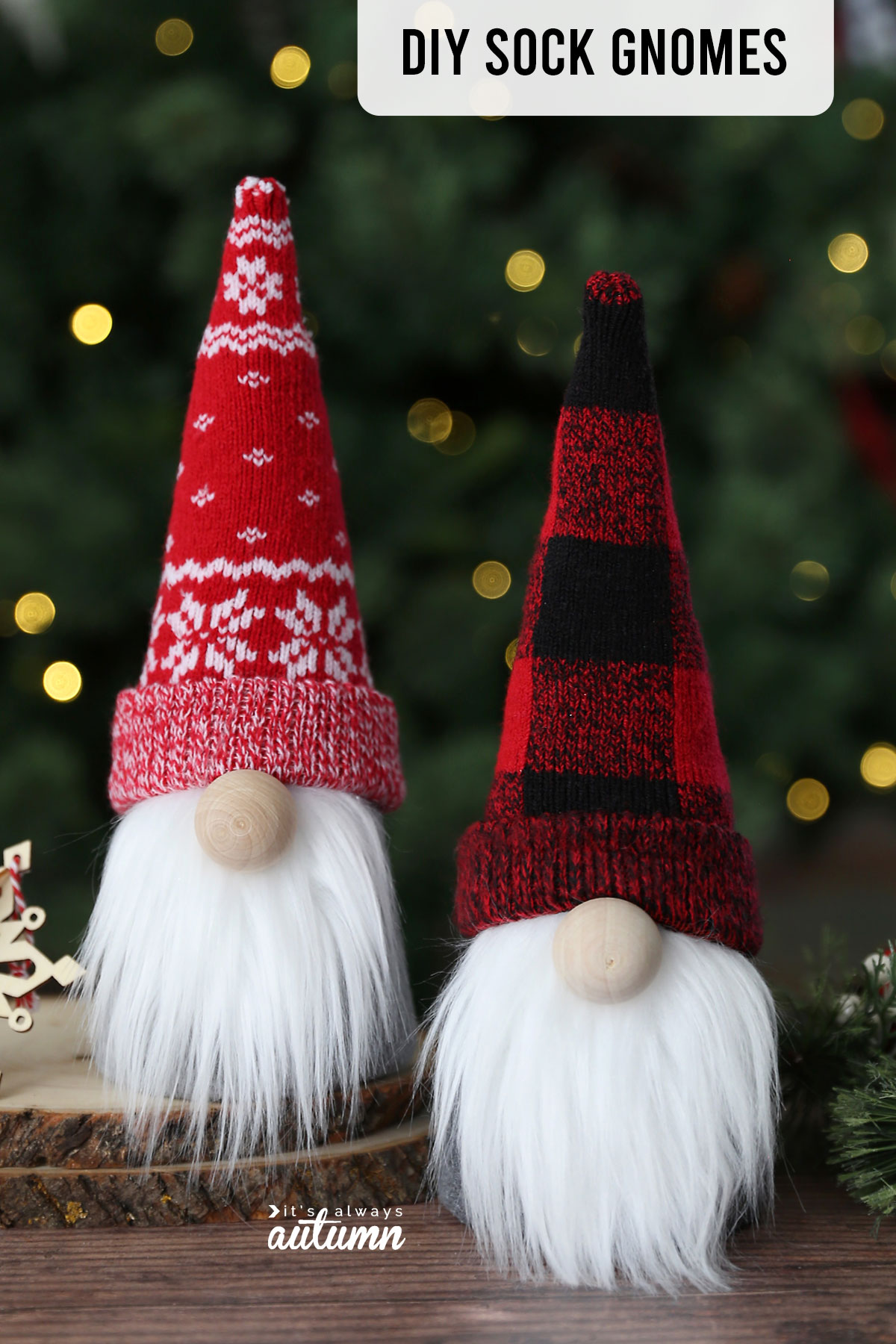 DIY sock gnomes made with cute red, white, and black patterned Christmas socks