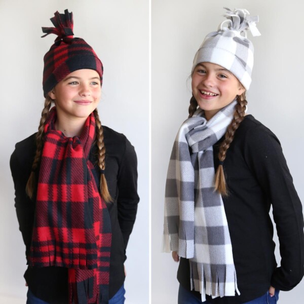 Girls wearing DIY fleece hat and matching scarf