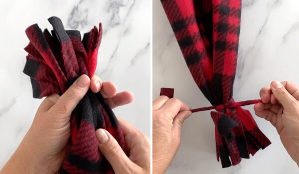 Gather fringe and tie with extra strip of fleece