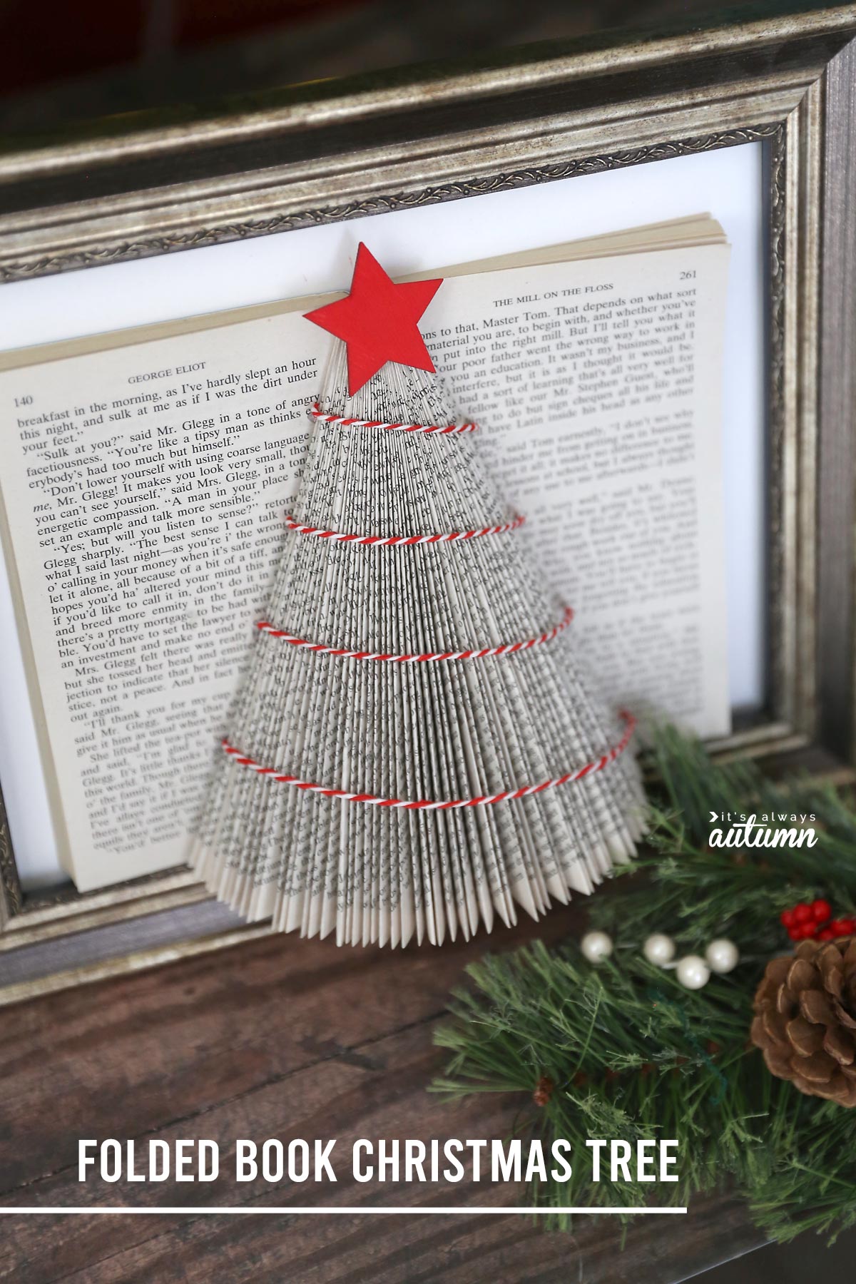 Learn how to make this pretty folded book Christmas tree with an old book from the thrift store. Easy Christmas craft.
