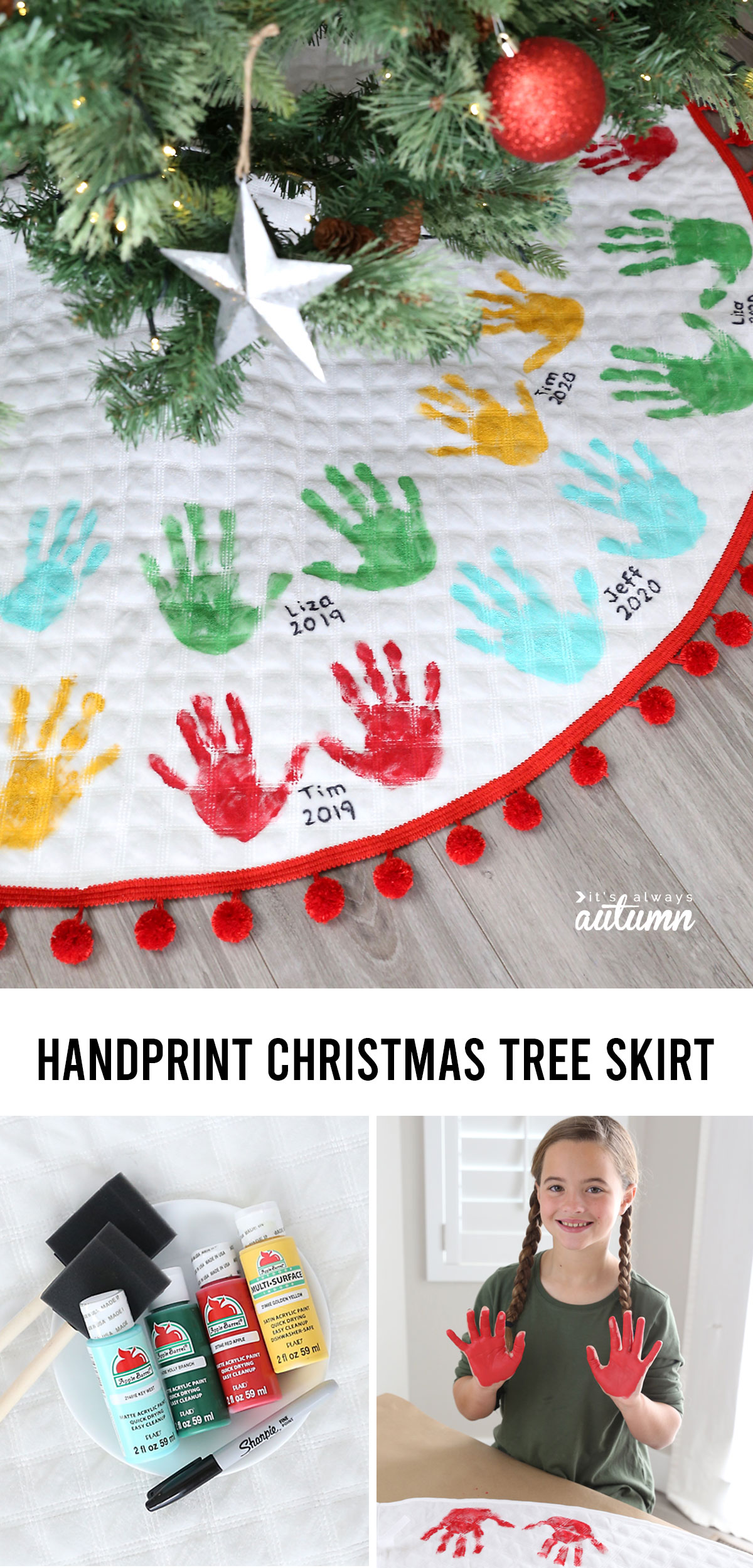 You can make this adorable handprint Christmas tree skirt and add to it every year!