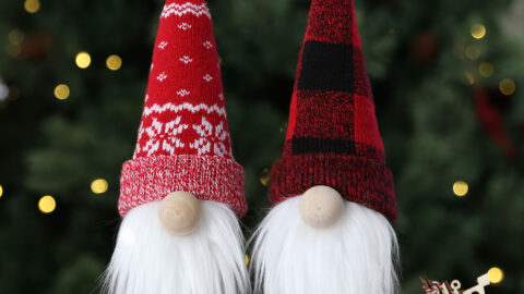 Two gnomes made from patterned Christmas socks