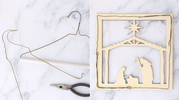 Take apart wire hangers to create square base