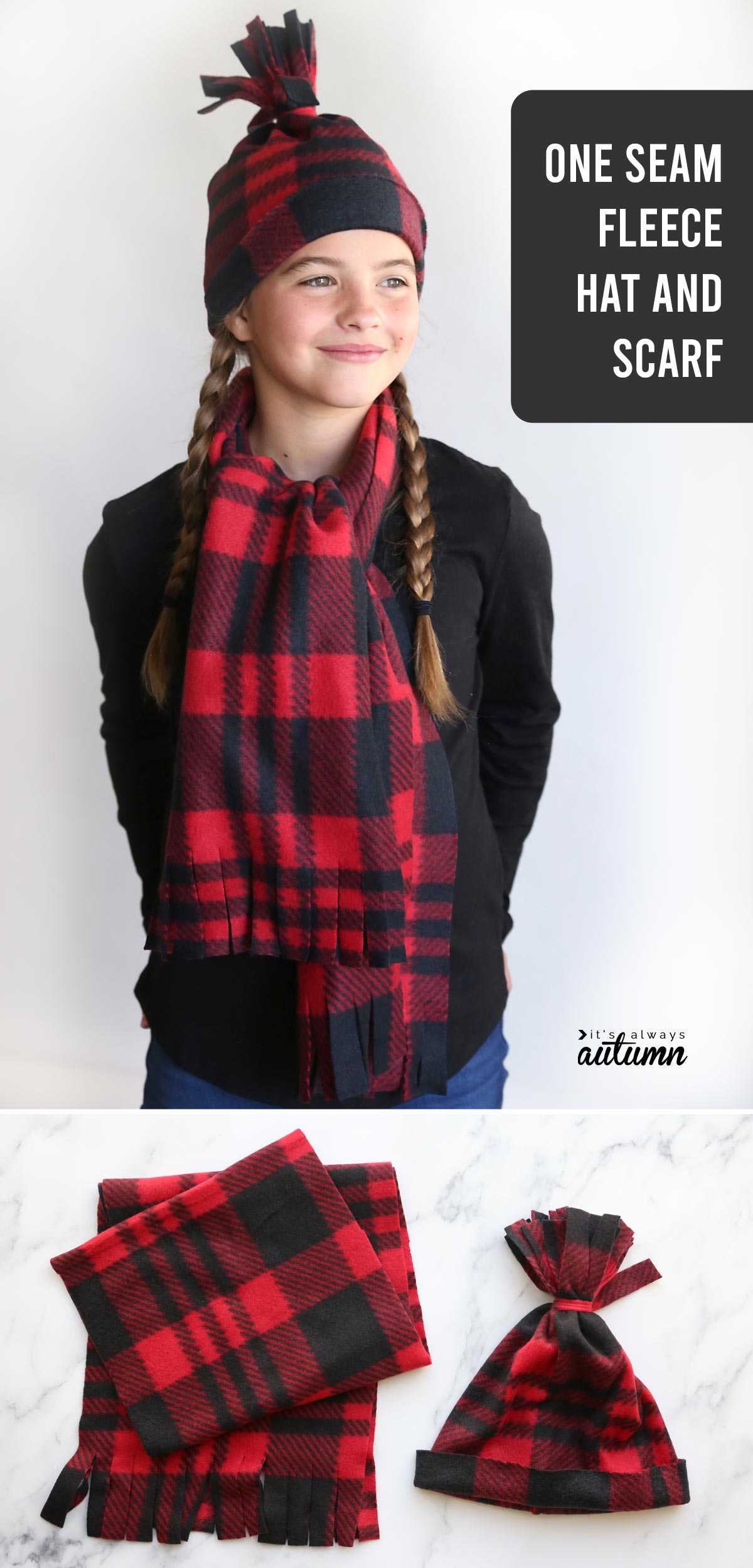 You can make this adorable fleece hat and scarf set in under 20 minutes!