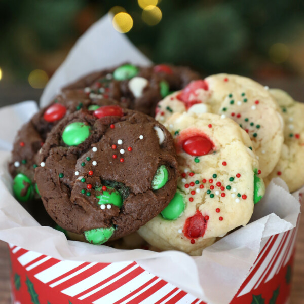 Chocolate and vanilla cookies with red and green M+Ms and white chocolate chips