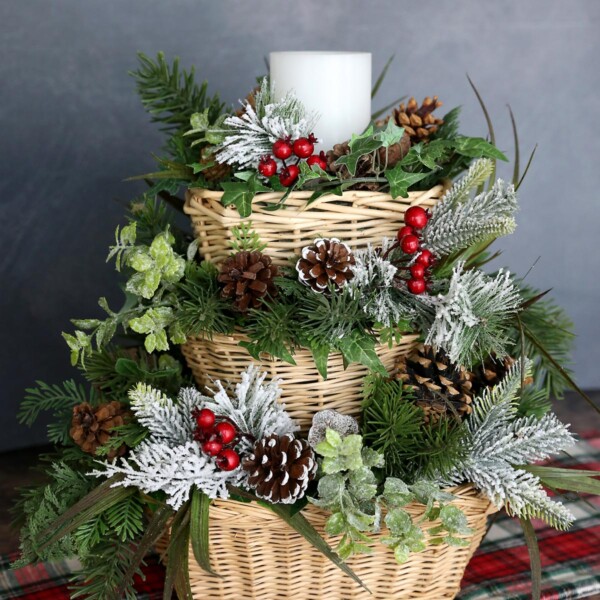 Three level stacked basket winter centerpiece