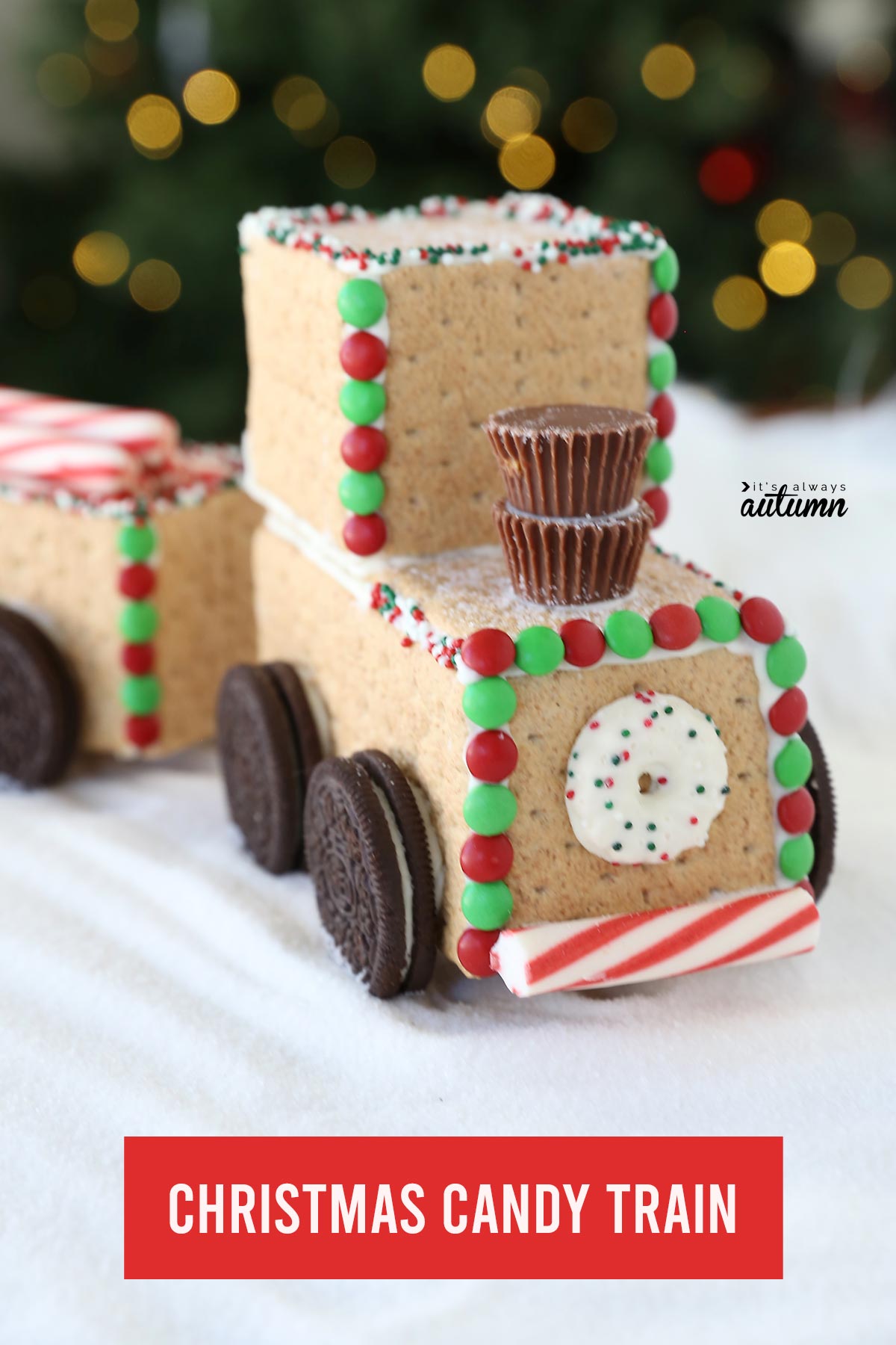 Candy train made from Graham crackers in front of a Christmas tree