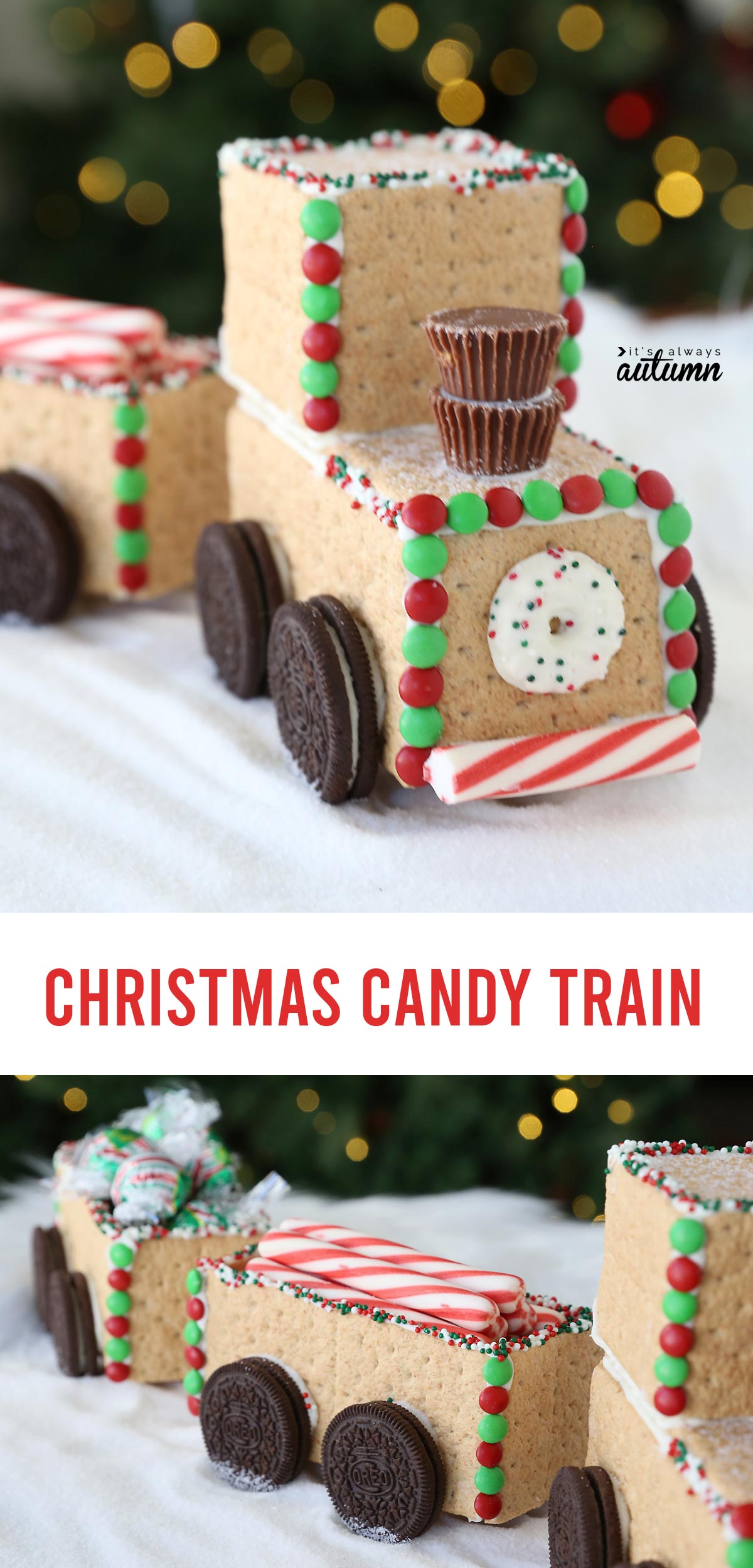 Candy train made from Graham crackers in front of a Christmas tree