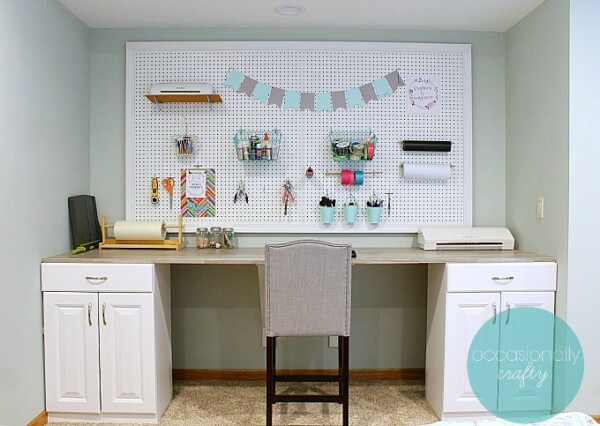 DIY desk built with stock cabinets and plywood