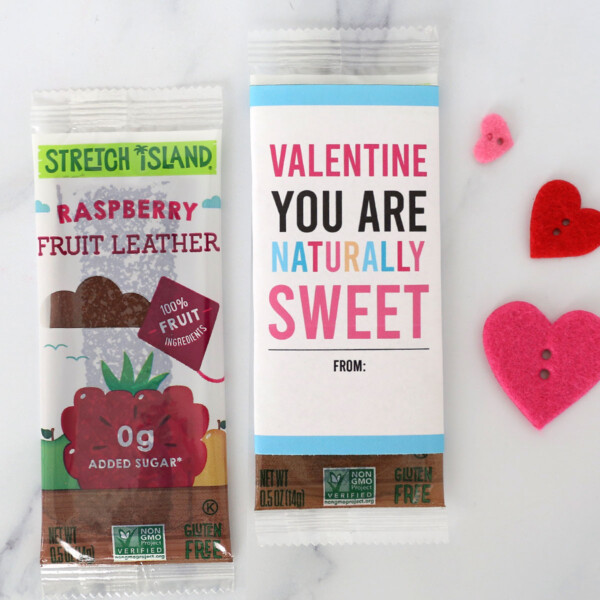 Fruit leather wrapped in tag that says: Valentine you are naturally sweet
