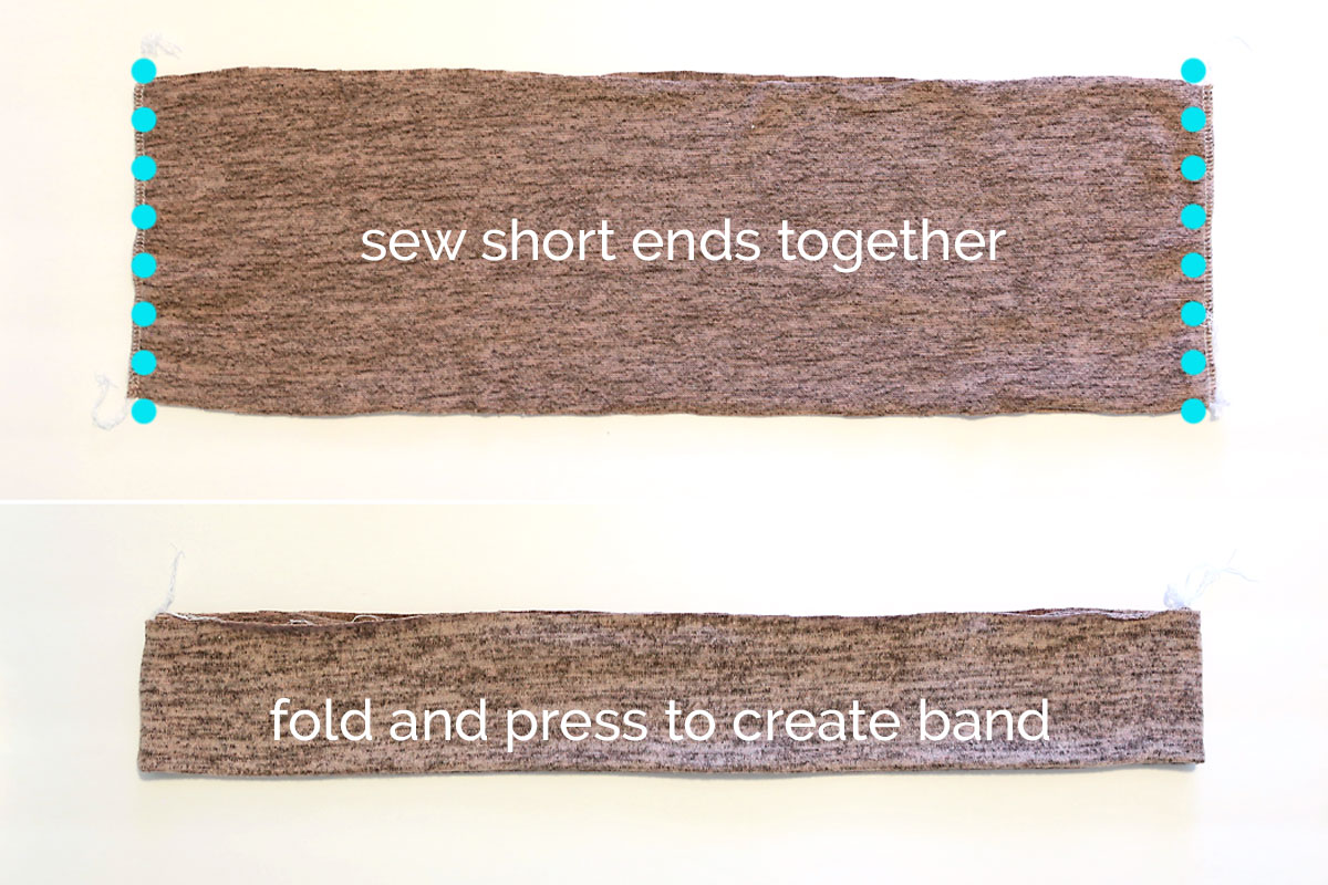Hem band pieces sewn together on the short ends; hem band folded in half and pressed