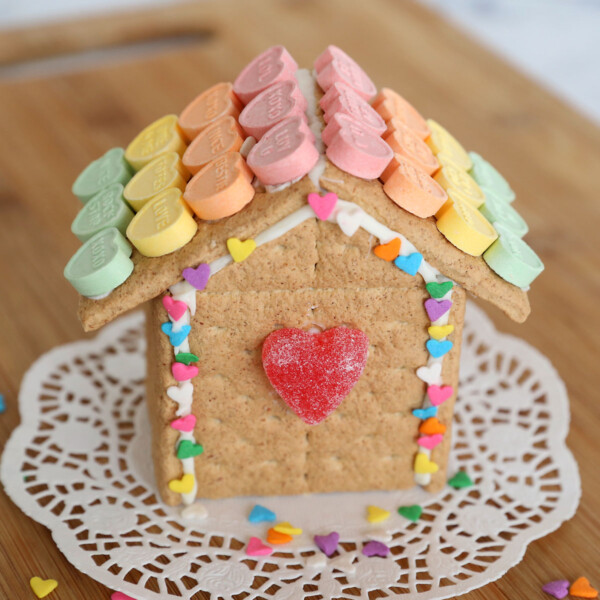 Valentine's house made from graham crackers decorated with candy hearts