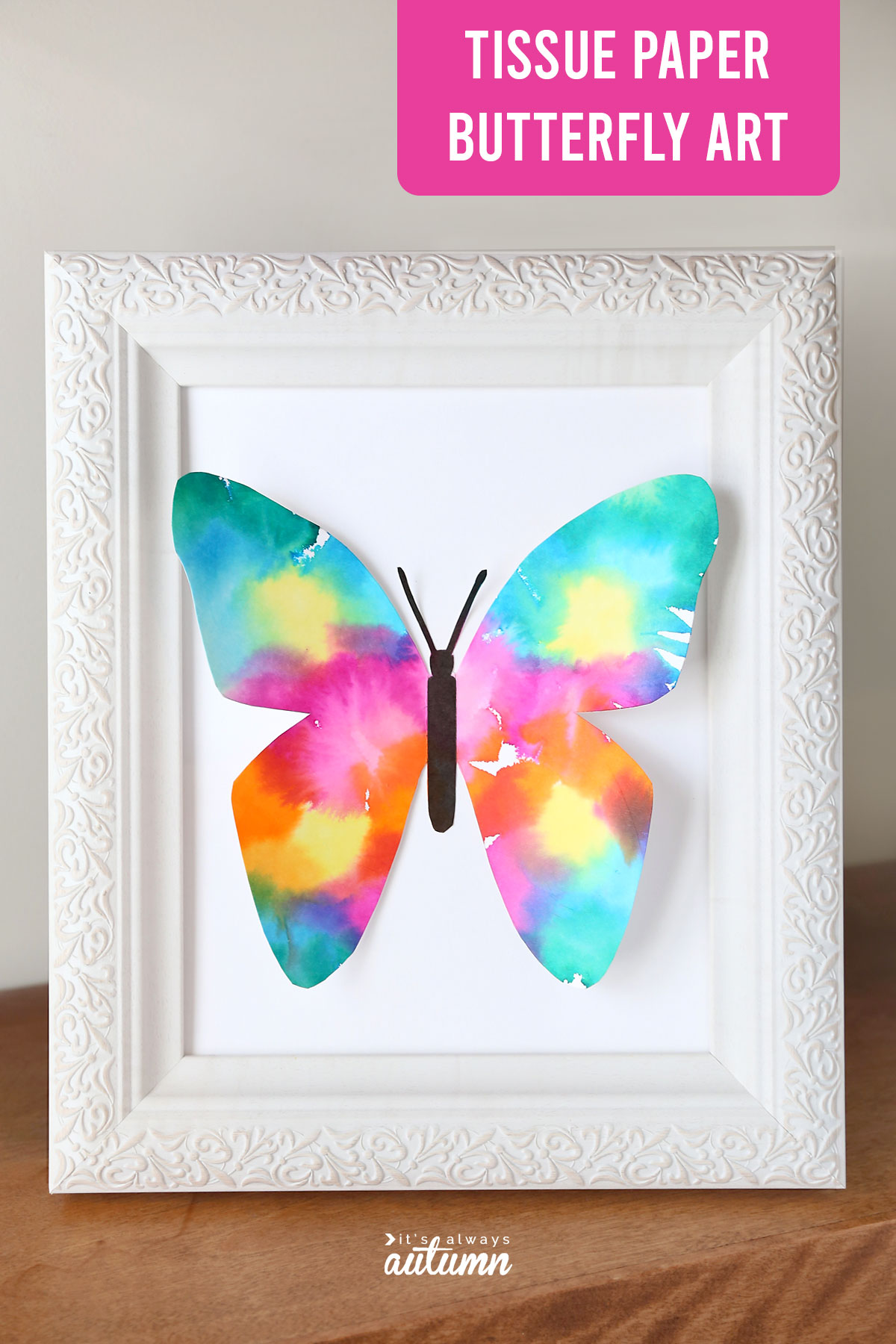 Colorful butterfly made of paper in a white picture frame