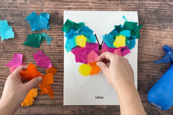 Hands placing squares of bleeding tissue paper on the butterfly template