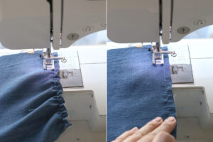 Sewing with elastic thread on a sewing machine; fabric gathers from the thread, hand stretching fabric flat as it's being sewn