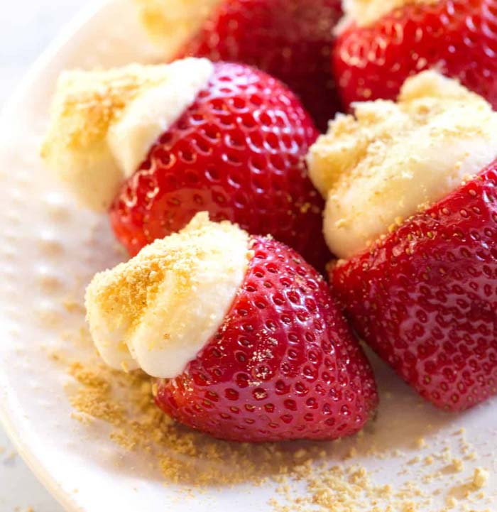 Cheesecake stuffed strawberries.
