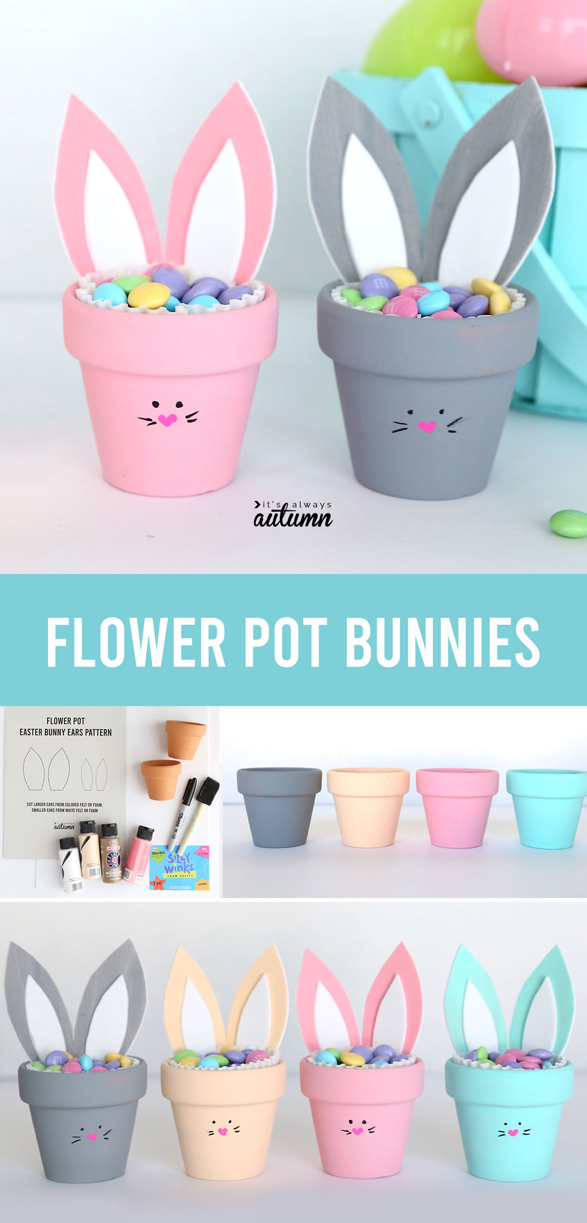 Flower pot bunnies craft; craft supplies; painted flower pots