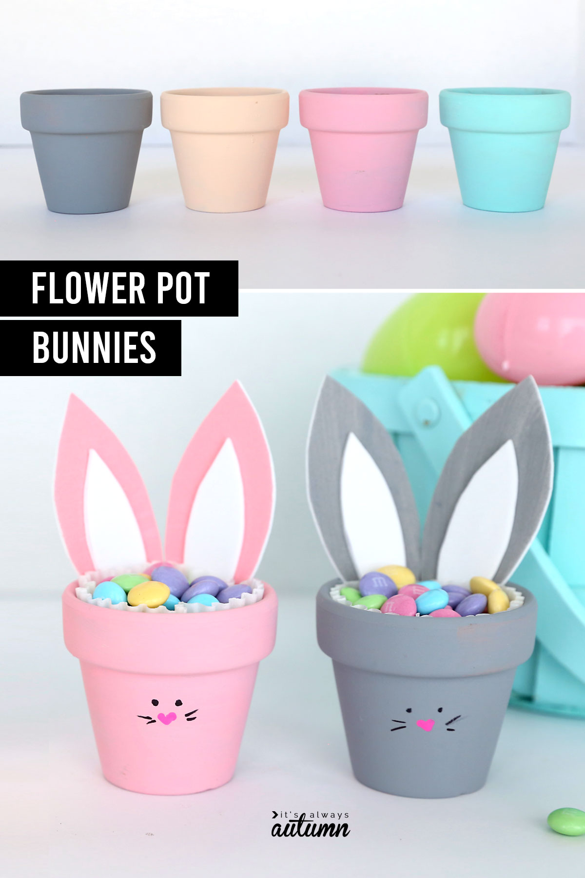 Four mini flower pots painted different colors; pots decorated as bunnies