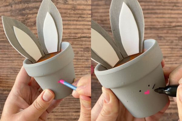 Painting nose and drawing whiskers on a flower pot bunny