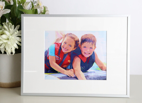 Illustrated photo of brother and sister playing in the water