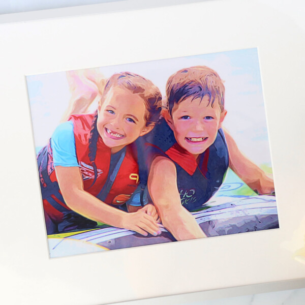 Illustrated photo of brother and sister playing in the water