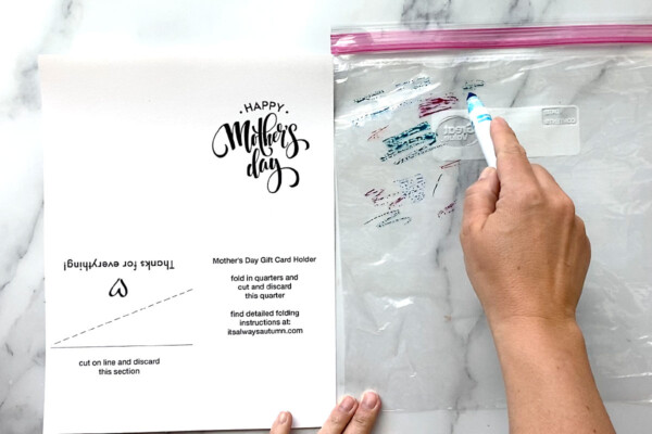 Mother's Day card printed on paper; hand coloring on a ziplock bag with markers