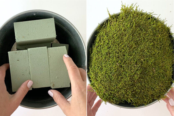 Filling flower pot with floral foam and moss