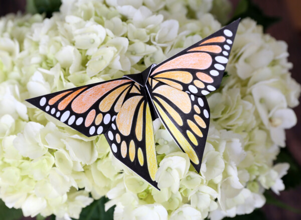 Folded origami monarch butterfly made of colored paper resting on white flowers