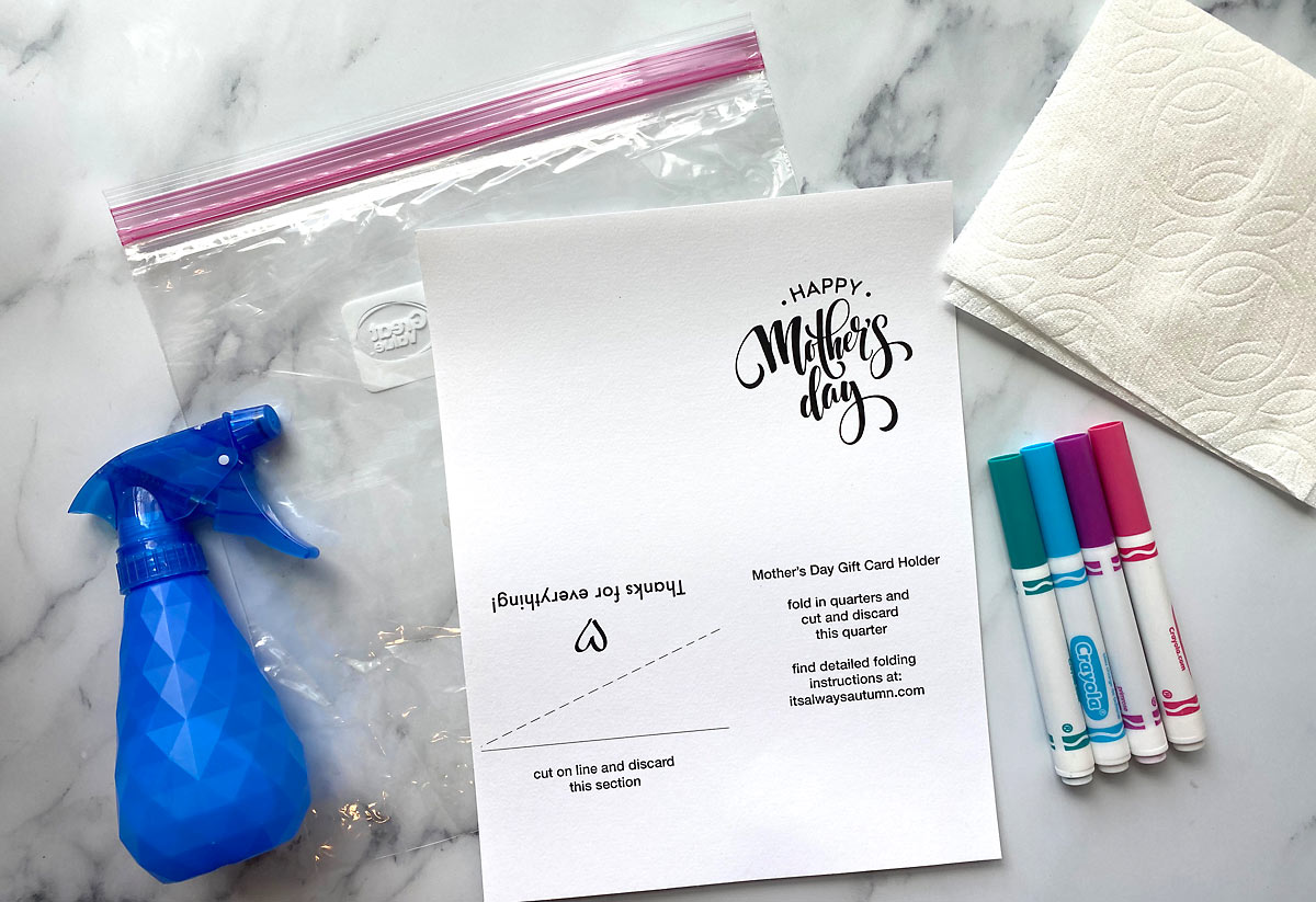Supplies: printable template, spray bottle, ziplock bag, markers, paper towel