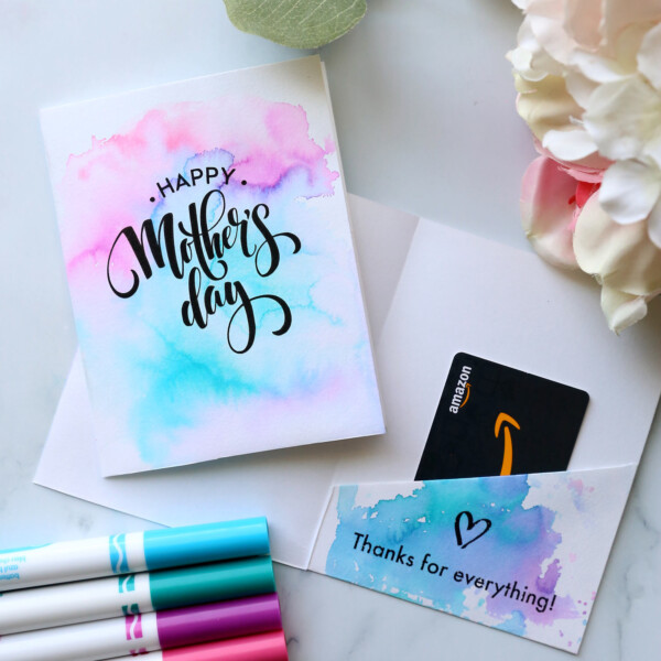 Watercolor Mother's Day card with gift card inside and crayola markers