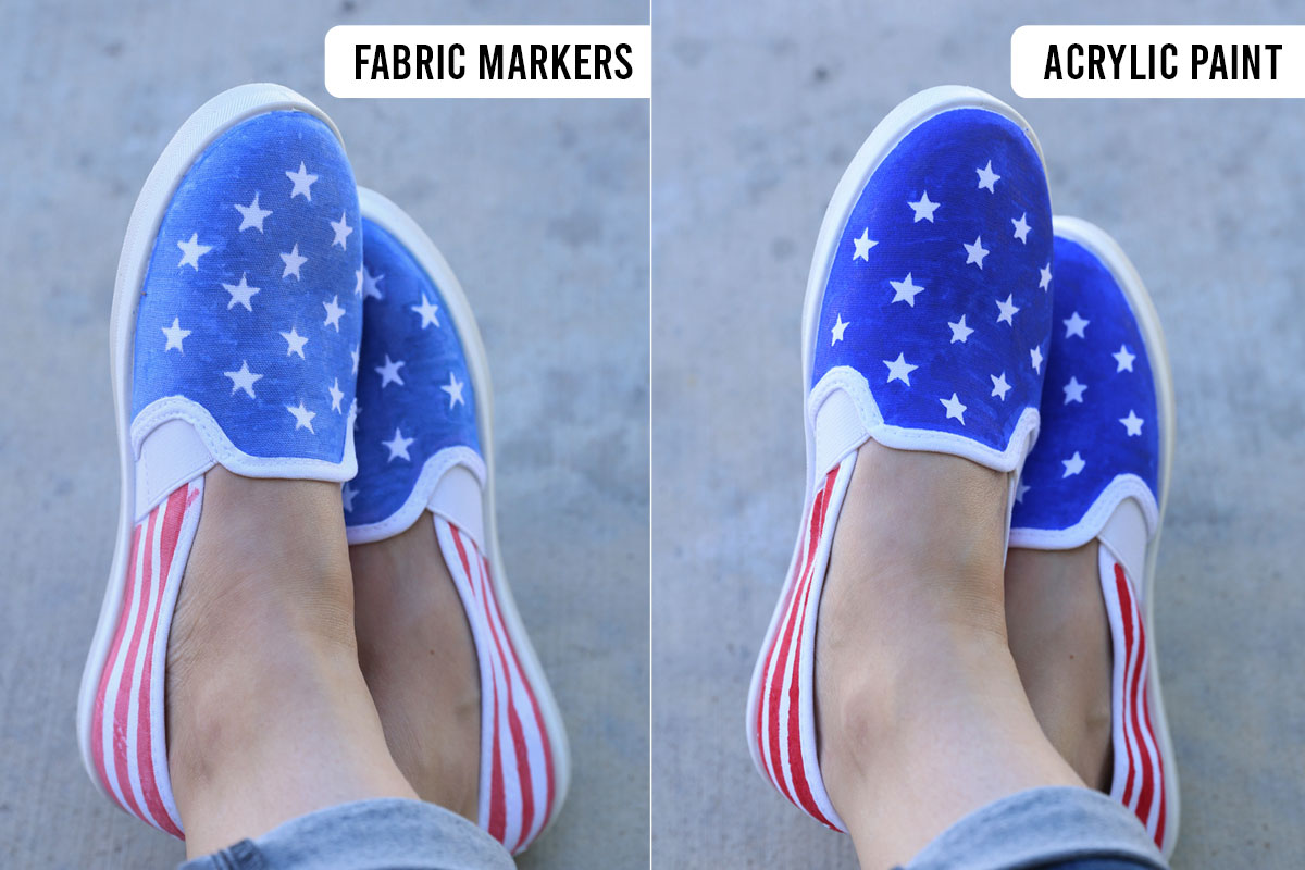 Comparison of flag shoes made with fabric markers and acrylic paint