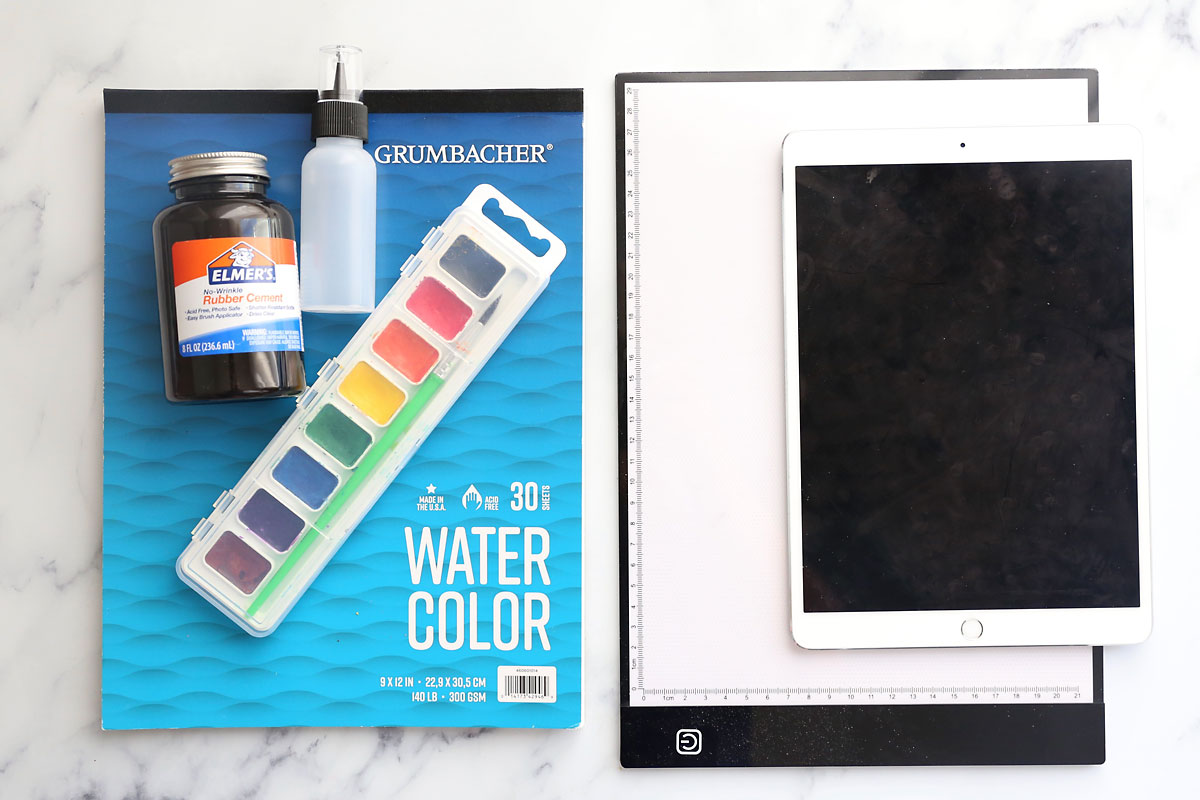Supplies: watercolor paper, watercolor paints, rubber cement, small squeeze bottle, lighttable or iPad