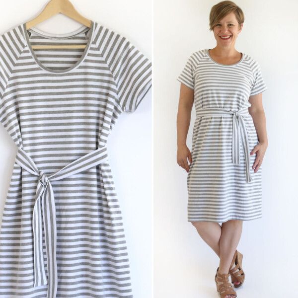 Striped t-shirt dress on a hanger, woman wearing t-shirt dress