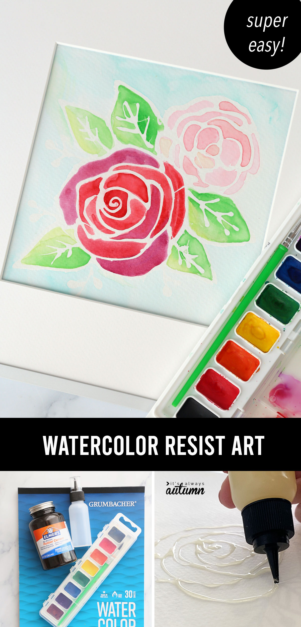 Floral watercolor painting with text: watercolor resist art, super easy!