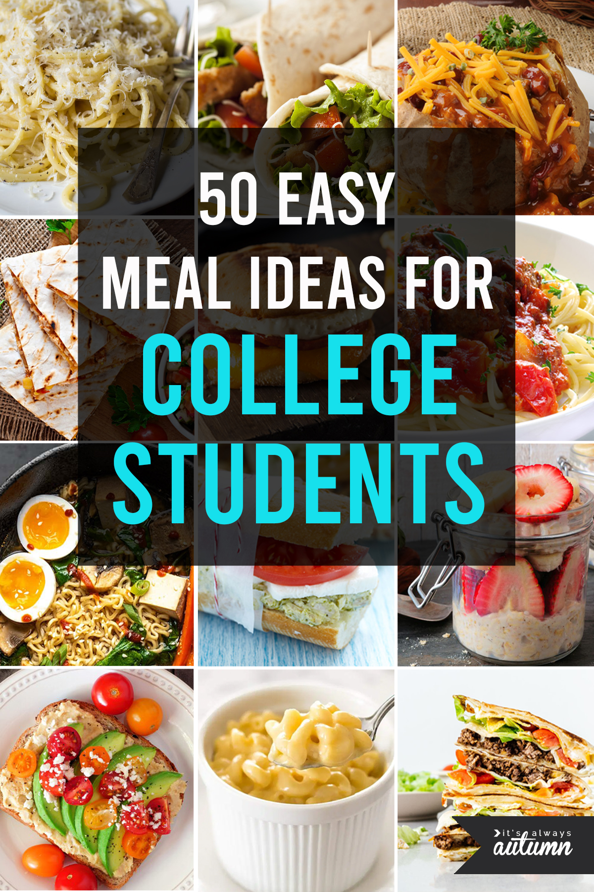 collage of food photos; text: 50 easy meal ideas for college students