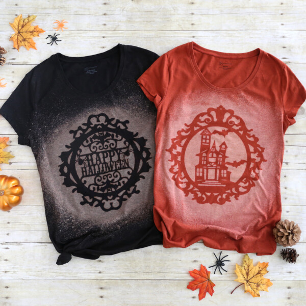 Black and Orange t-shirts with Halloween designs made with bleach